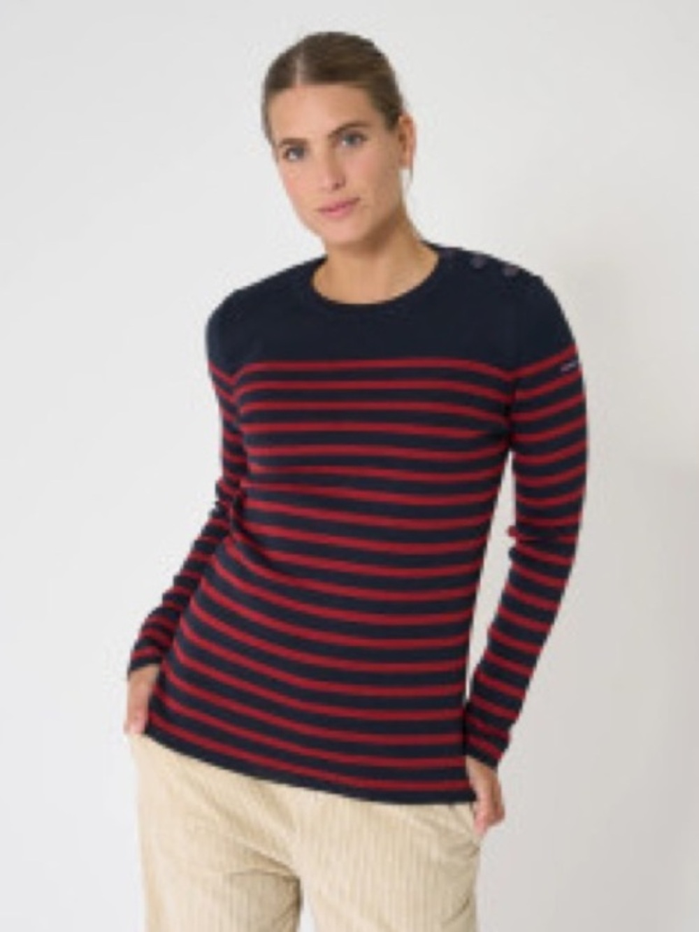 Batela Sea Style Nautical Wool Blend Sweater EU 42 US10 Navy Red Stripe Button